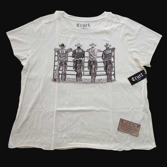Cruel Denim Women's XL Short Sleeve Crop Cowboy Fence Graphic T-Shirt Cream - Picture 2 of 5